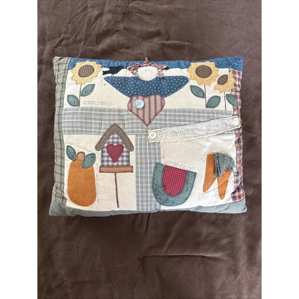 Vtg Primitive Country Appliqué Throw Pillow Folk Art Patchwork Garden